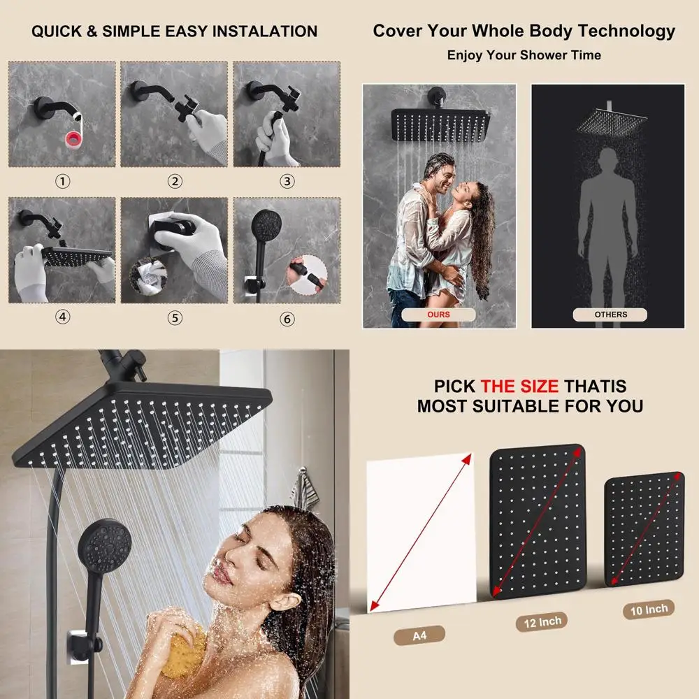 12-Inch High-Pressure Dual Shower Heads with 9 Spray Settings and 70-Inch Hose, Matte Black Bathroom Shower Accessories
12-Inch High-Pressure Dual Shower Heads with 9 Spray Settings and 70-Inch Hose, Matte Black Bathroom Shower Accessories