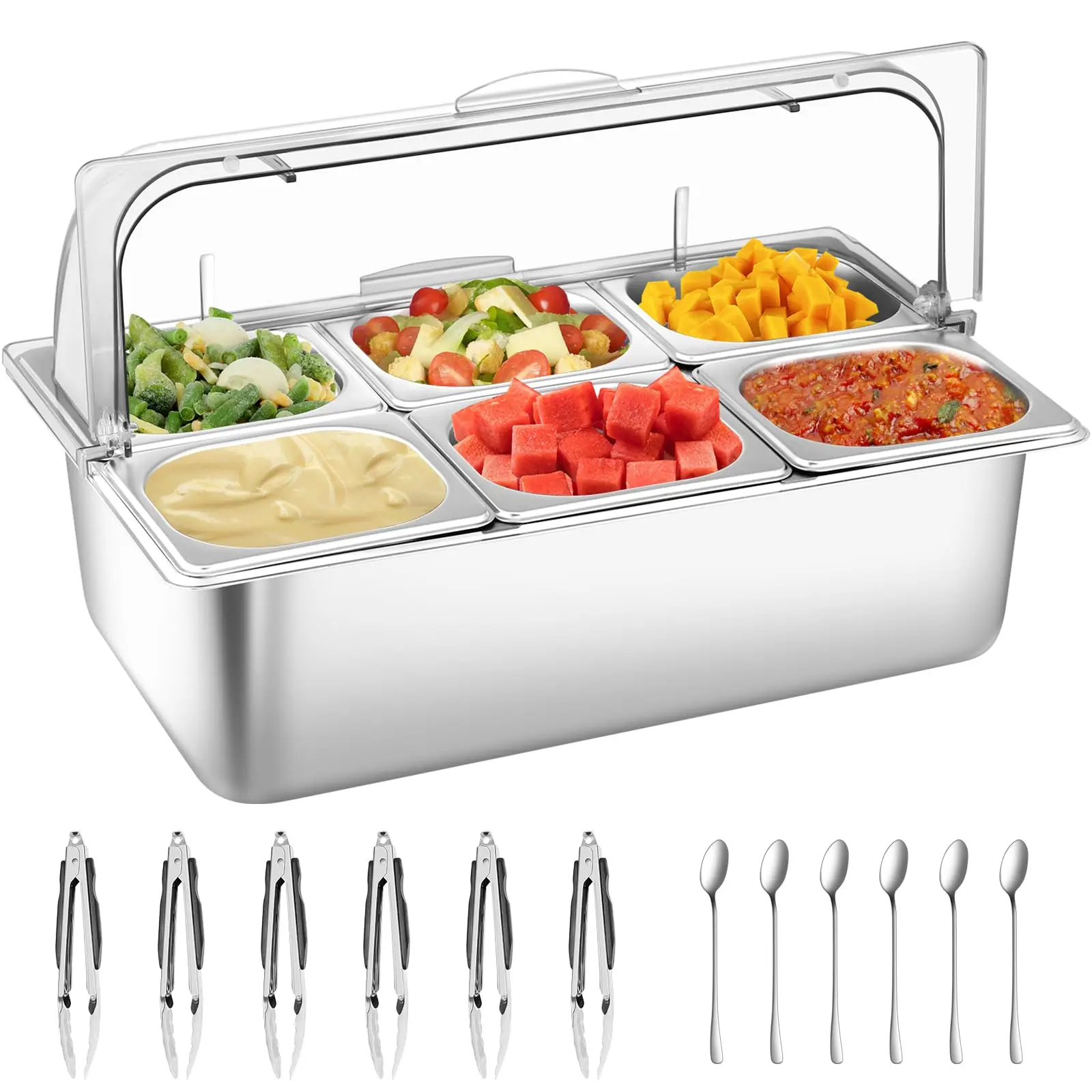 6-Pan Food Display Container with 12pcs Utensils! Stainless Steel Buffet Serving Tray with Clear Lid, Ice Cooled Salad Bar Sushi Catering Setup for Party Wedding Events
6-Pan Food Display Container with 12pcs Utensils! Stainless Steel Buffet Serving Tray with Clear Lid, Ice Cooled Salad Bar Sushi Catering Setup for Party Wedding Events