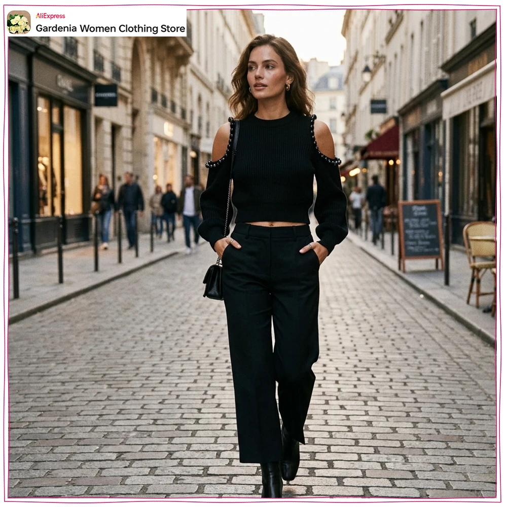 Elegant Chic Knit Cut Out Balls Jumpers for Women Spring Round Neck Sweaters with Long Cuffed Sleeve Stylish Black Rib Knitwears
Elegant Chic Knit Cut Out Balls Jumpers for Women Spring Round Neck Sweaters with Long Cuffed Sleeve Stylish Black Rib Knitwears