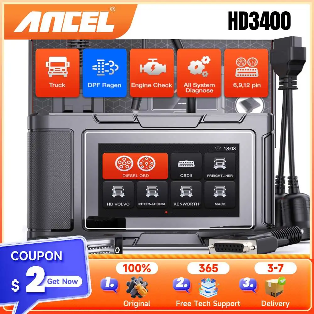 ANCEL HD3400 Full System Heavy Duty Truck Scanner 98% Compatibility Diesel Diagnostic Scan Tool for Cummins Free Lifetime Update
ANCEL HD3400 Full System Heavy Duty Truck Scanner 98% Compatibility Diesel Diagnostic Scan Tool for Cummins Free Lifetime Update