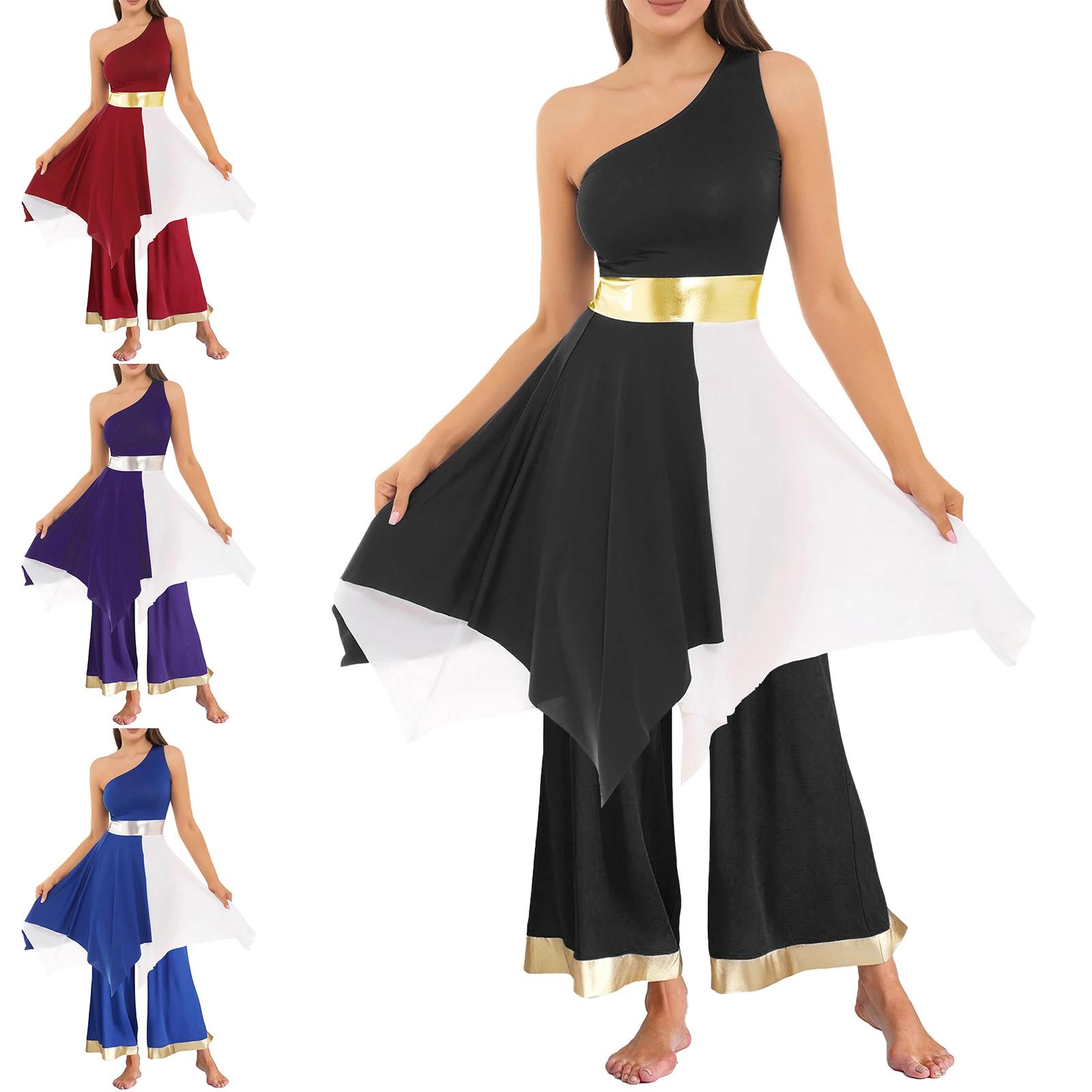 Womens Lyrical Dance Outfit One Sleeveless Shoulder Contrast Color Irregular Hem Dress and Wide Leg Pants Worship Dance Costume
Womens Lyrical Dance Outfit One Sleeveless Shoulder Contrast Color Irregular Hem Dress and Wide Leg Pants Worship Dance Costume
