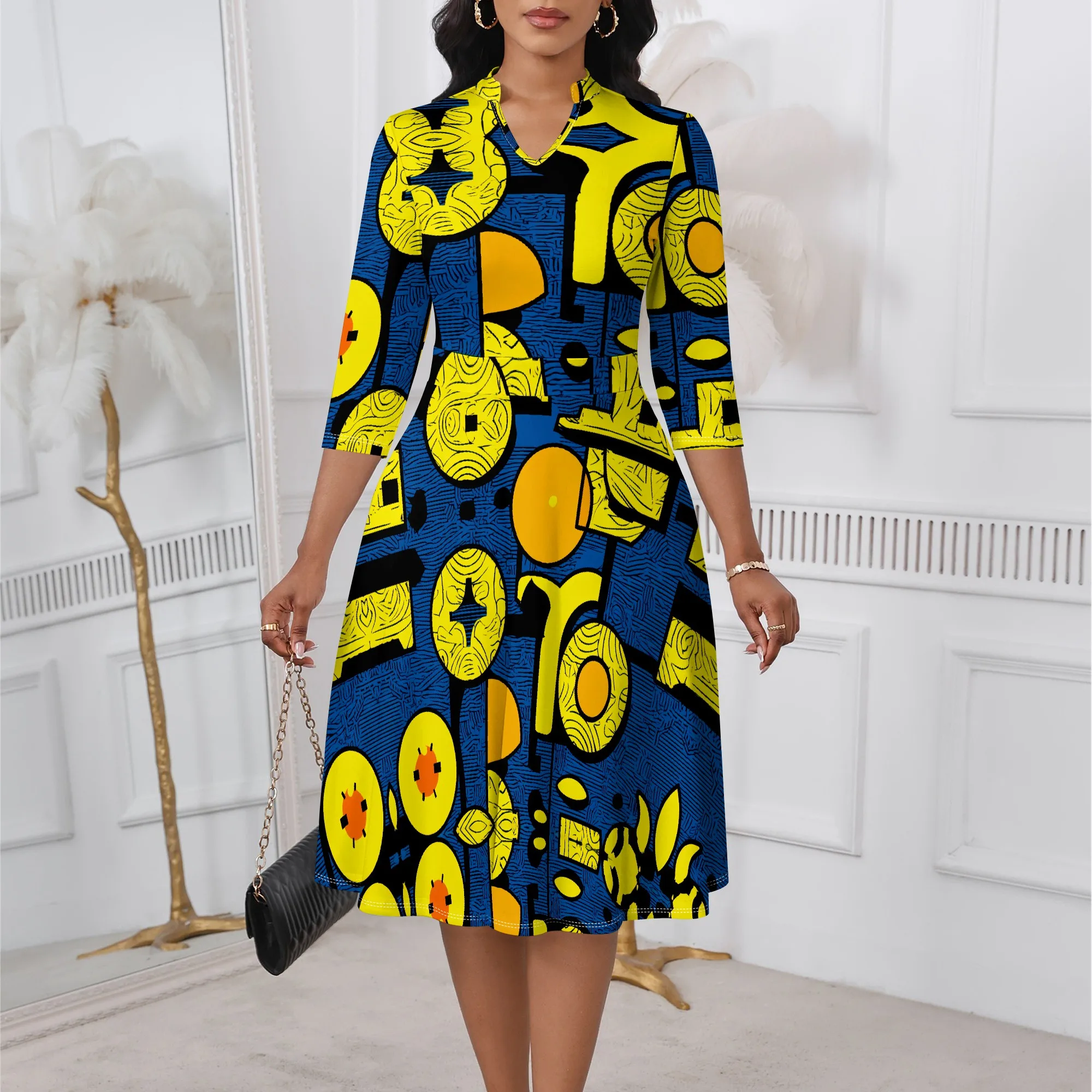African Tribal Print Dress XS-3XL Blue Yellow A-Line Style with V-Neck for Afro Festival, Juneteenth or Cultural Parade
African Tribal Print Dress XS-3XL Blue Yellow A-Line Style with V-Neck for Afro Festival, Juneteenth or Cultural Parade