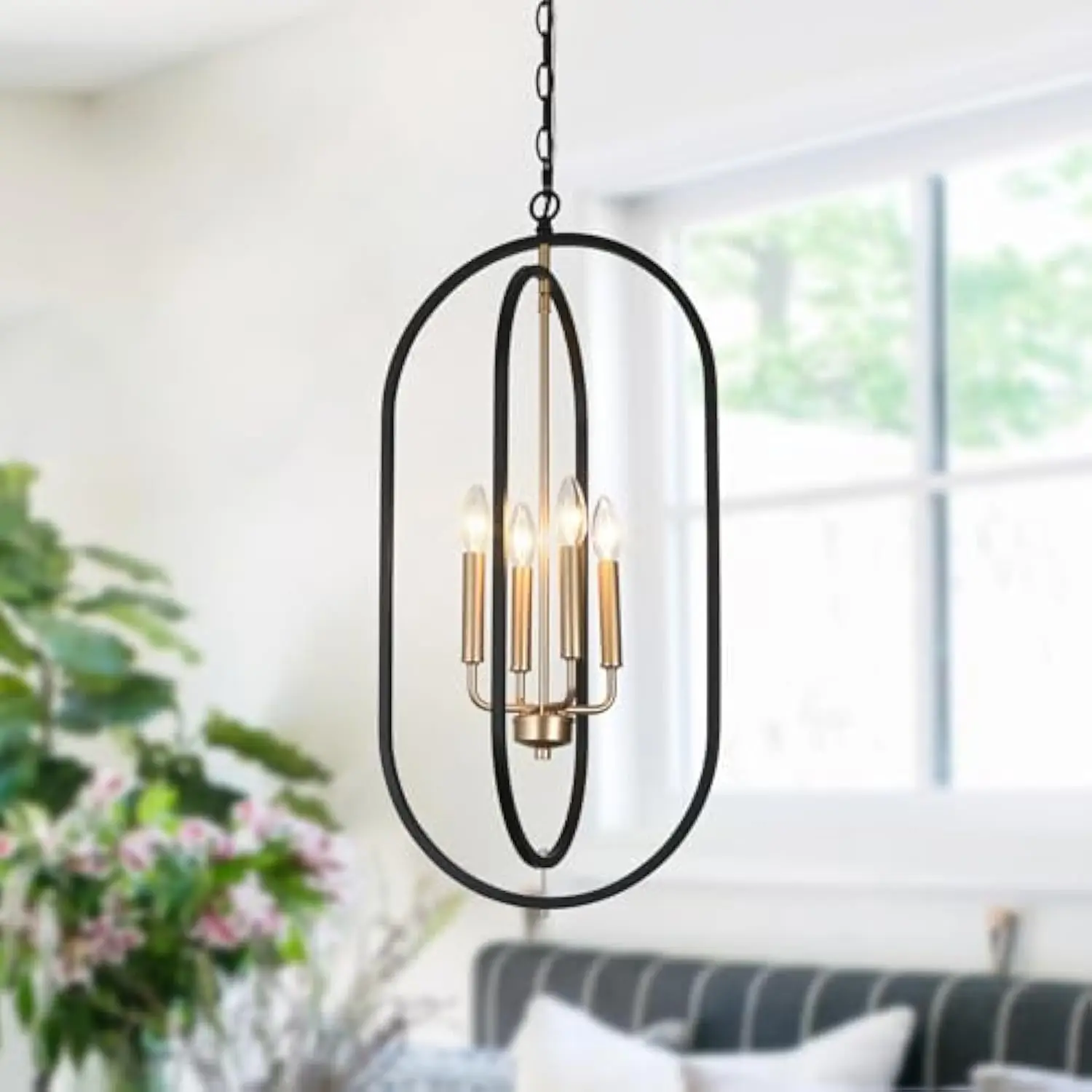 Black Gold Chandelier, Mid-Century Modern 4-Light Oval Pendant Light Fixture for Foyer, Dining Room and Kitchen
Black Gold Chandelier, Mid-Century Modern 4-Light Oval Pendant Light Fixture for Foyer, Dining Room and Kitchen