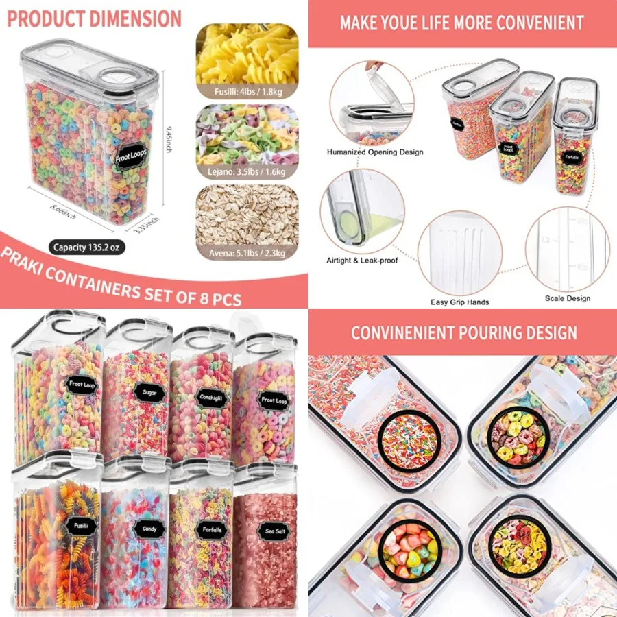 Cereal Containers Storage Set 4L, 135.2 Oz,8PCS Airtight Food Storage Containers with Lids for Kitchen and Pantry Organizers an
Cereal Containers Storage Set 4L, 135.2 Oz,8PCS Airtight Food Storage Containers with Lids for Kitchen and Pantry Organizers an
