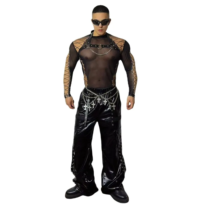 Men's Jazz Dance Outfit See-through T-shirt Black Leather Wide-leg Pants Set for Nightclub Bar Singer Stage Performance Costume
Men's Jazz Dance Outfit See-through T-shirt Black Leather Wide-leg Pants Set for Nightclub Bar Singer Stage Performance Costume