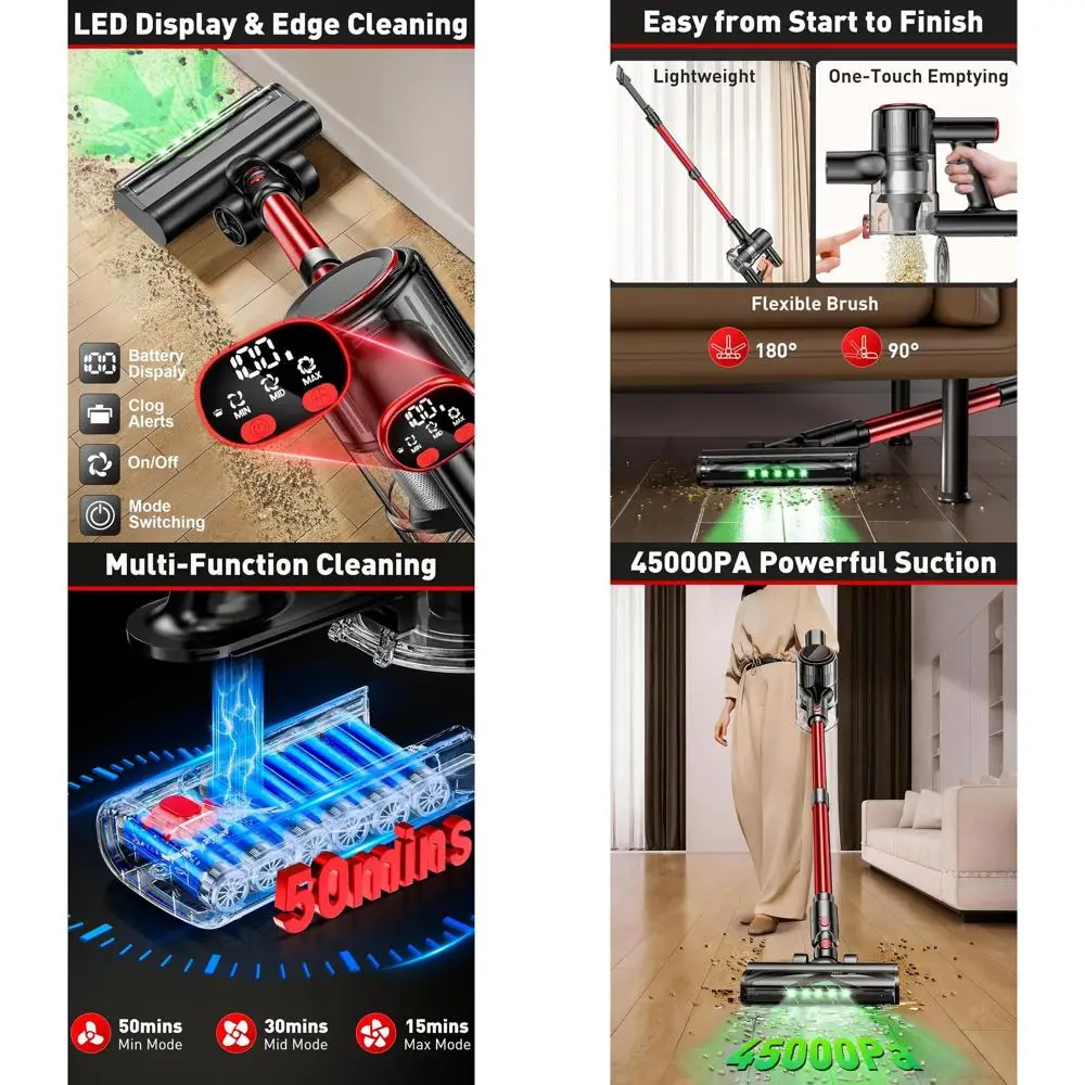 Беспроводной пылесос 8-в-1 для дома, 45 кПа, 50 минут работы, защита от запутывания, LED-дисплей, легкий, для шерсти животных, ковров, полов - Красный
Беспроводной пылесос 8-в-1 для дома, 45 кПа, 50 минут работы, защита от запутывания, LED-дисплей, легкий, для шерсти животных, ковров, полов - Красный