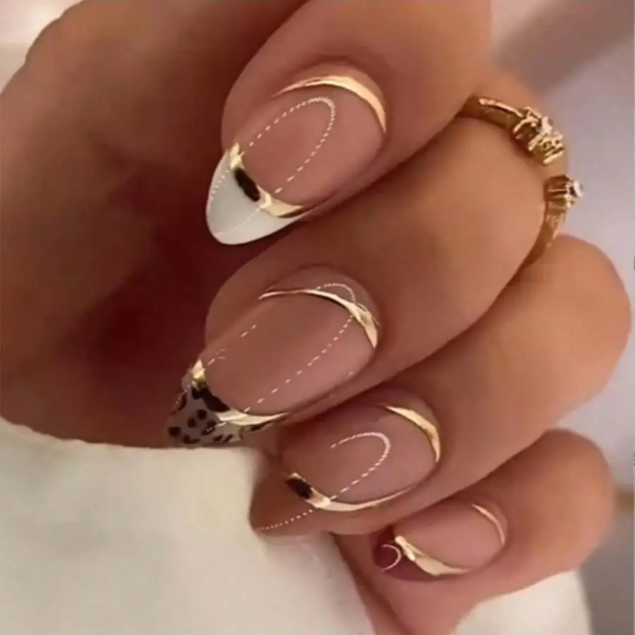 24pcs Almond False Nails French Tip Press On Nails Metallic Gold Lines Abstract Leopard Print Glossy Full Cover Acrylic Fake Nails Elegant DIY Manicure Kit For Women
24pcs Almond False Nails French Tip Press On Nails Metallic Gold Lines Abstract Leopard Print Glossy Full Cover Acrylic Fake Nails Elegant DIY Manicure Kit For Women