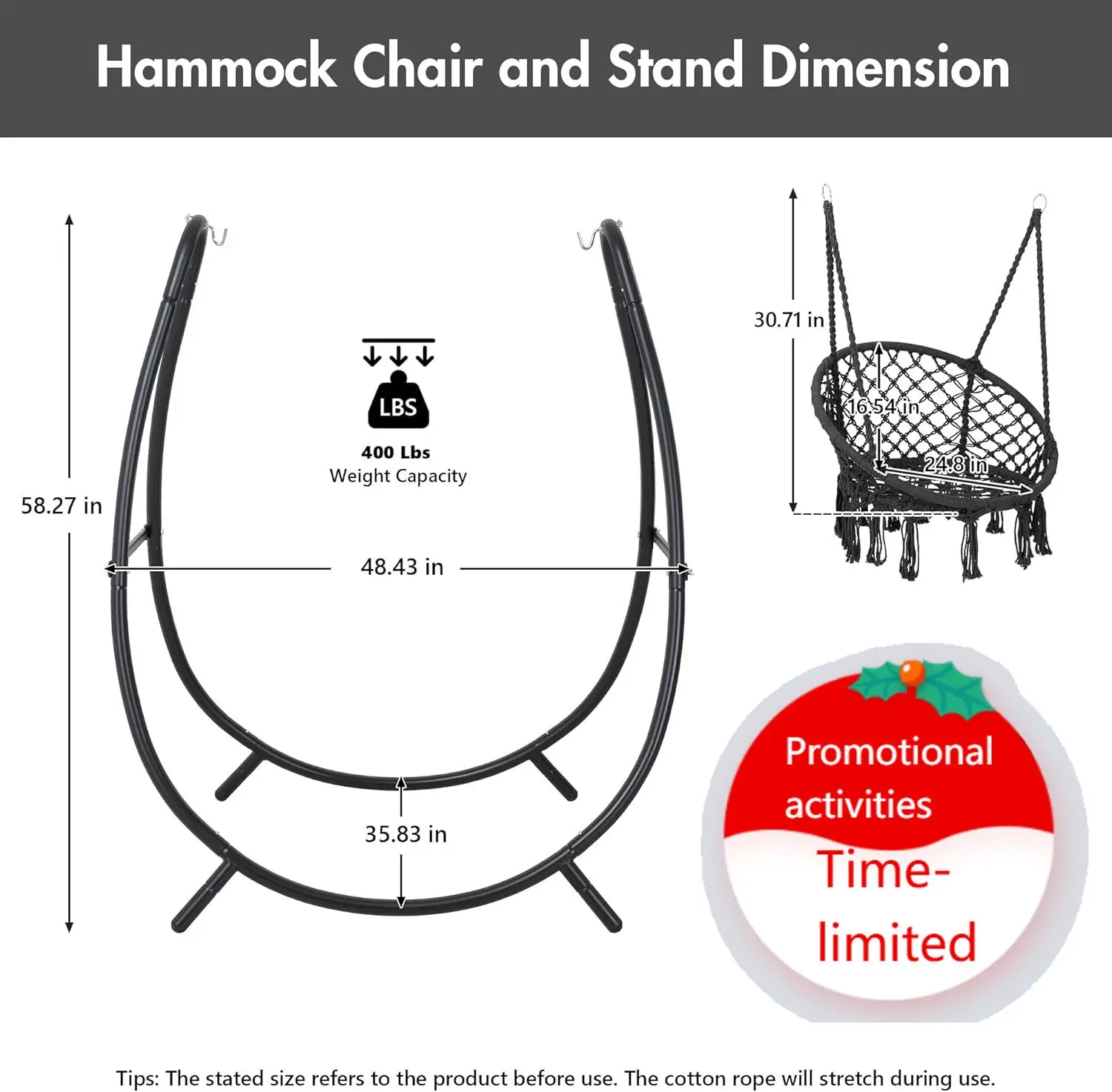 Hammock Swing with Stand Included, Outdoor Hanging Swing Chair with Stand and Removable Seat Cushion, Max 400 Lbs, Dark Grey
Hammock Swing with Stand Included, Outdoor Hanging Swing Chair with Stand and Removable Seat Cushion, Max 400 Lbs, Dark Grey