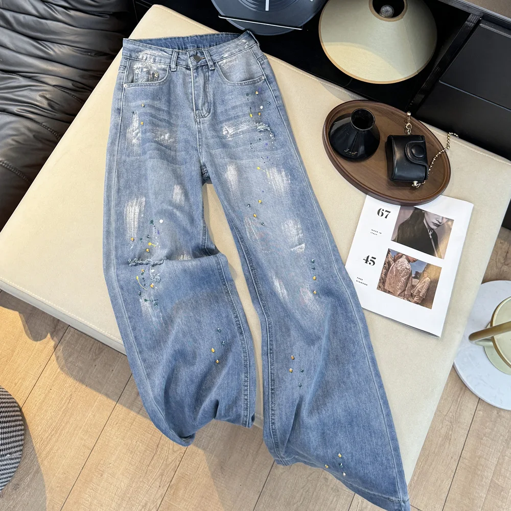 Fashion Splashing Ink Design Straight Jeans Women New Streetwear Retro Beading High Waist Pants Loose Versatile Wide Leg Trouser
Fashion Splashing Ink Design Straight Jeans Women New Streetwear Retro Beading High Waist Pants Loose Versatile Wide Leg Trouser