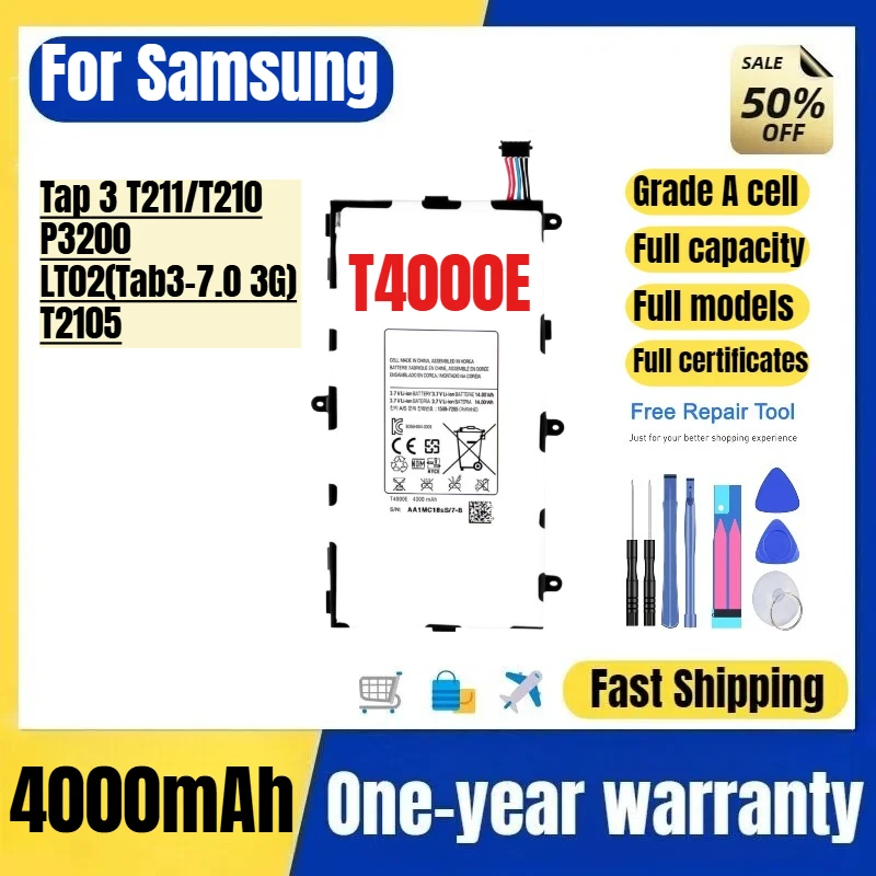 T4000E for Samsung Tap 3 T211/T210/P3200/LT02(Tab3-7.0 3G) T2105 Tablet Battery High Quality Replacement Bateria with Tools
T4000E for Samsung Tap 3 T211/T210/P3200/LT02(Tab3-7.0 3G) T2105 Tablet Battery High Quality Replacement Bateria with Tools