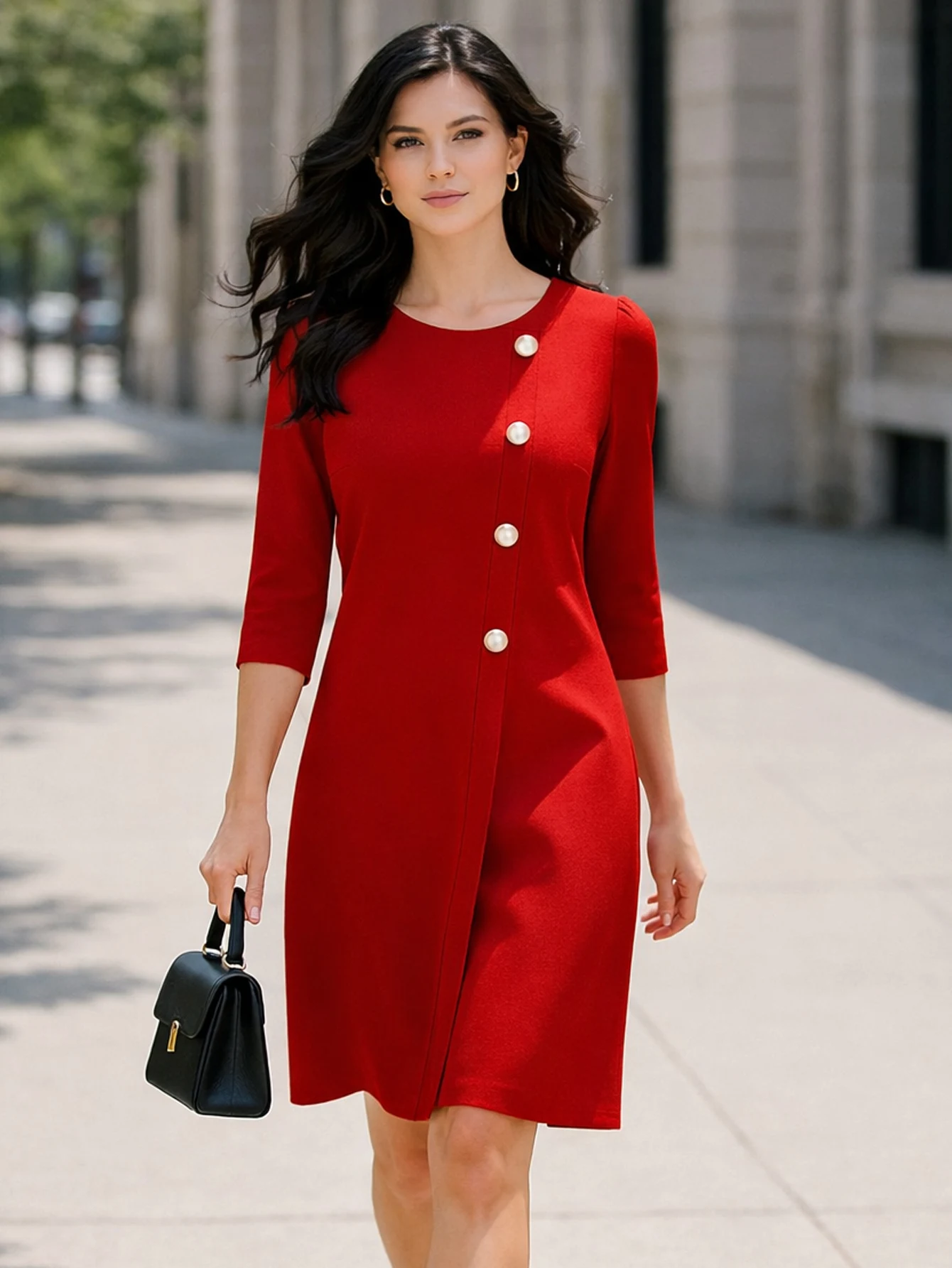 Women Round Neck 3/4 Sleeve Autumn Knee Length A Line Dress High Waist Button Detail Solid Color Office Work Party Casual Chic
Women Round Neck 3/4 Sleeve Autumn Knee Length A Line Dress High Waist Button Detail Solid Color Office Work Party Casual Chic