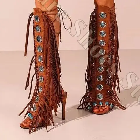 Western Fringe Gladiator Heeled Sandals Open Toe Turquoise Details Knee High Sandal Boots Suede Back Strap Cowgirl Inspired Boot
Western Fringe Gladiator Heeled Sandals Open Toe Turquoise Details Knee High Sandal Boots Suede Back Strap Cowgirl Inspired Boot