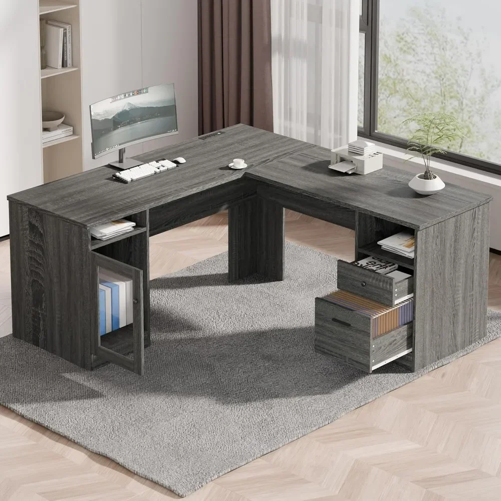 Corner Computer Desk with Storage Drawers, L Shaped Desk with File Cabinet, Large Home Office Table with Power Outlets.
Corner Computer Desk with Storage Drawers, L Shaped Desk with File Cabinet, Large Home Office Table with Power Outlets.