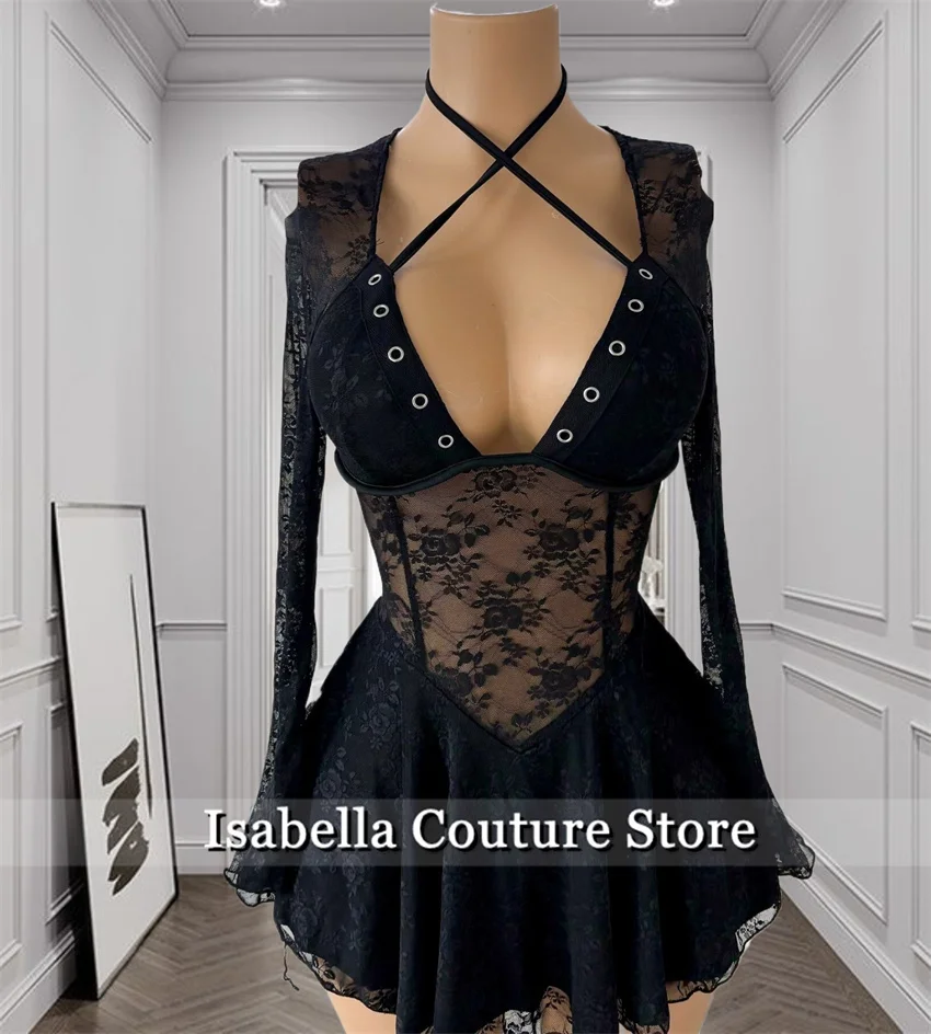Sexy Black Lace Prom Dresses Long Sleeve For Black Girls Birthday Mini Cocktail Party Homecoming Gowns Customized
Sexy Black Lace Prom Dresses Long Sleeve For Black Girls Birthday Mini Cocktail Party Homecoming Gowns Customized