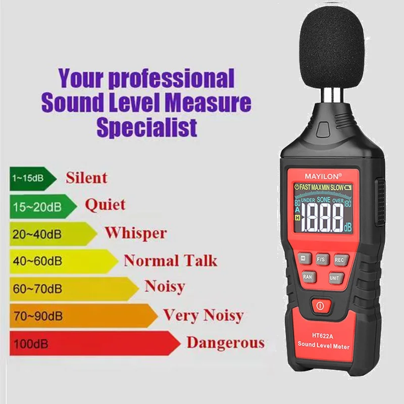 HT622A Digital Sound Level Meter LCD Display Noise Measure Instrument Audio Decibel Monitor 30-130DB Industrial Automobile
HT622A Digital Sound Level Meter LCD Display Noise Measure Instrument Audio Decibel Monitor 30-130DB Industrial Automobile