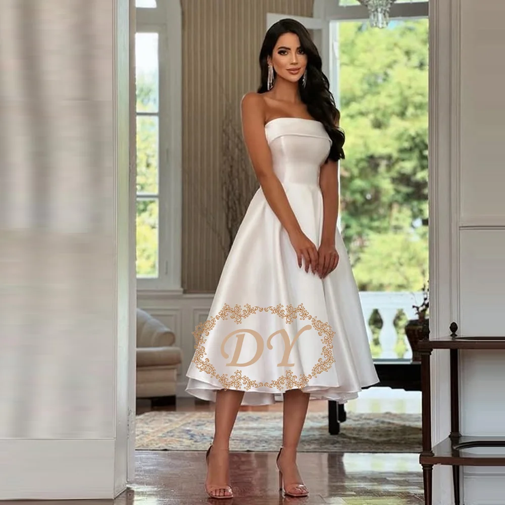 DY Customized Short Ivory Satin Wedding Dresse A-Line Strapless Vestido de novia Tea Length Brides Gown for Women
DY Customized Short Ivory Satin Wedding Dresse A-Line Strapless Vestido de novia Tea Length Brides Gown for Women