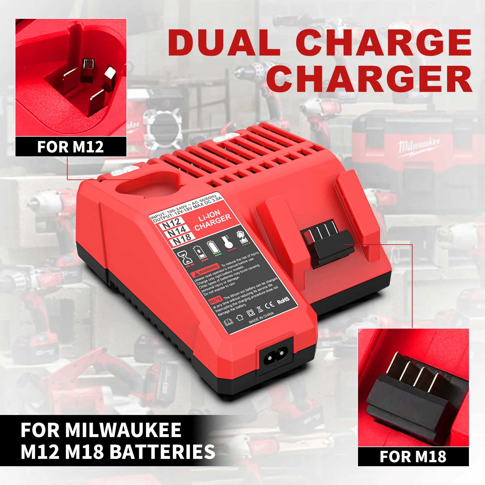 Rapid Charger 3A Li-Ion Battery Charger For Milwaukee 12V 18V M12 M18 Dual Port Lithium Battery Charger 48-11-2420 48-11-1840
Rapid Charger 3A Li-Ion Battery Charger For Milwaukee 12V 18V M12 M18 Dual Port Lithium Battery Charger 48-11-2420 48-11-1840