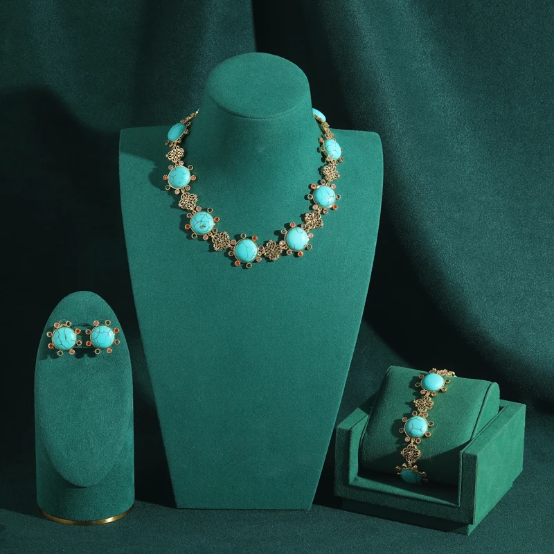 Vintage Turquoise Jewelry Set Luxury Brands Sun Rhinestones Choker Necklace Earrings Bracelet Accessories Women Wedding Party
Vintage Turquoise Jewelry Set Luxury Brands Sun Rhinestones Choker Necklace Earrings Bracelet Accessories Women Wedding Party