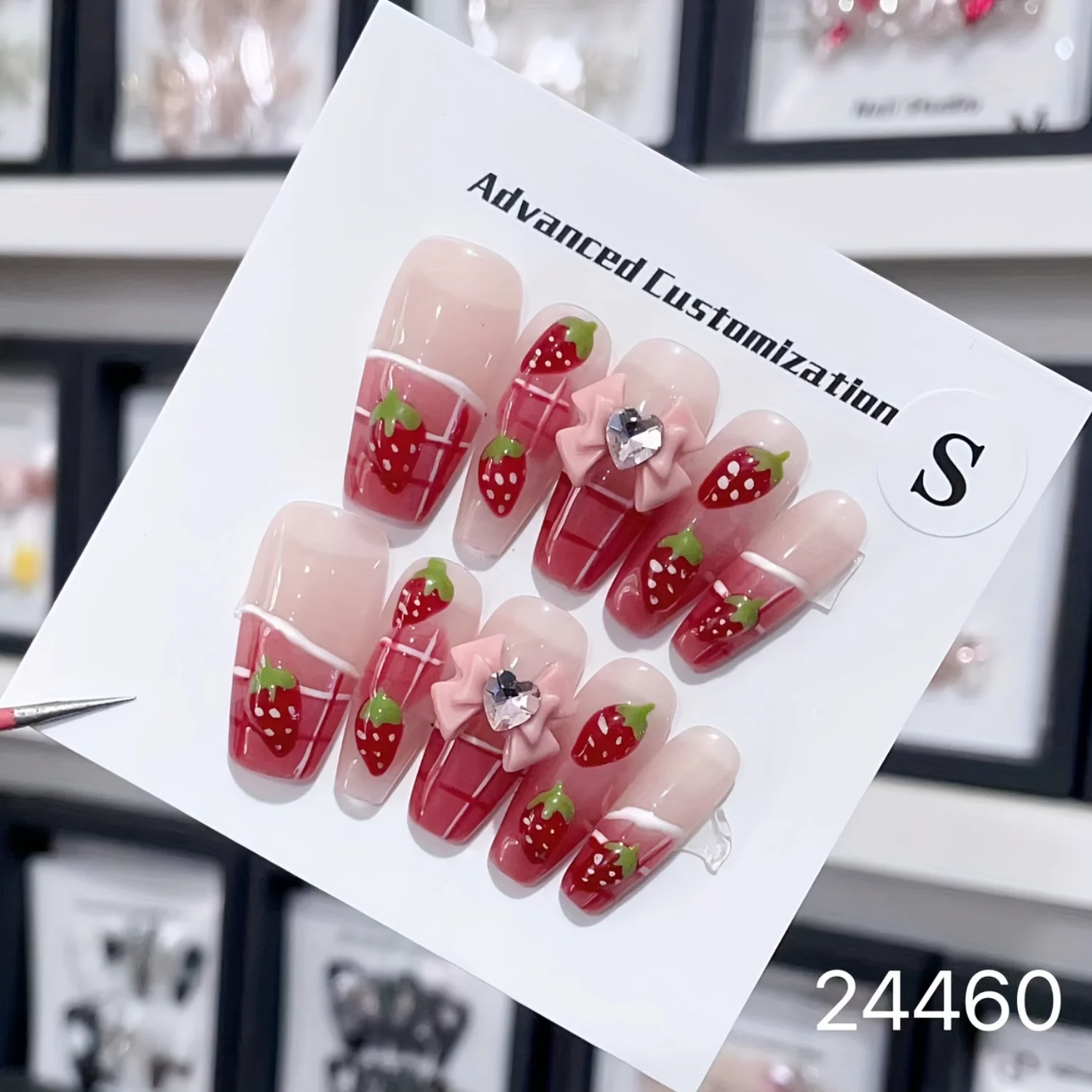 10-Piece Handmade Press-On Nail Set with 3D Strawberry Design and Bow Accent, Square-Shaped, Medium Length, Glossy Red Fruit Pat
10-Piece Handmade Press-On Nail Set with 3D Strawberry Design and Bow Accent, Square-Shaped, Medium Length, Glossy Red Fruit Pat