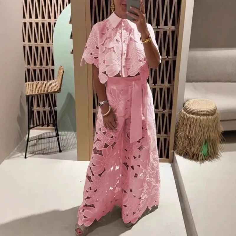 2025Fashion Sexy Women Lace Embroidery Hook Flower Hollow 2 Pieces Sets Spring Summer Solid Lapel Collar Top+Wide Leg Pants Suit
2025Fashion Sexy Women Lace Embroidery Hook Flower Hollow 2 Pieces Sets Spring Summer Solid Lapel Collar Top+Wide Leg Pants Suit