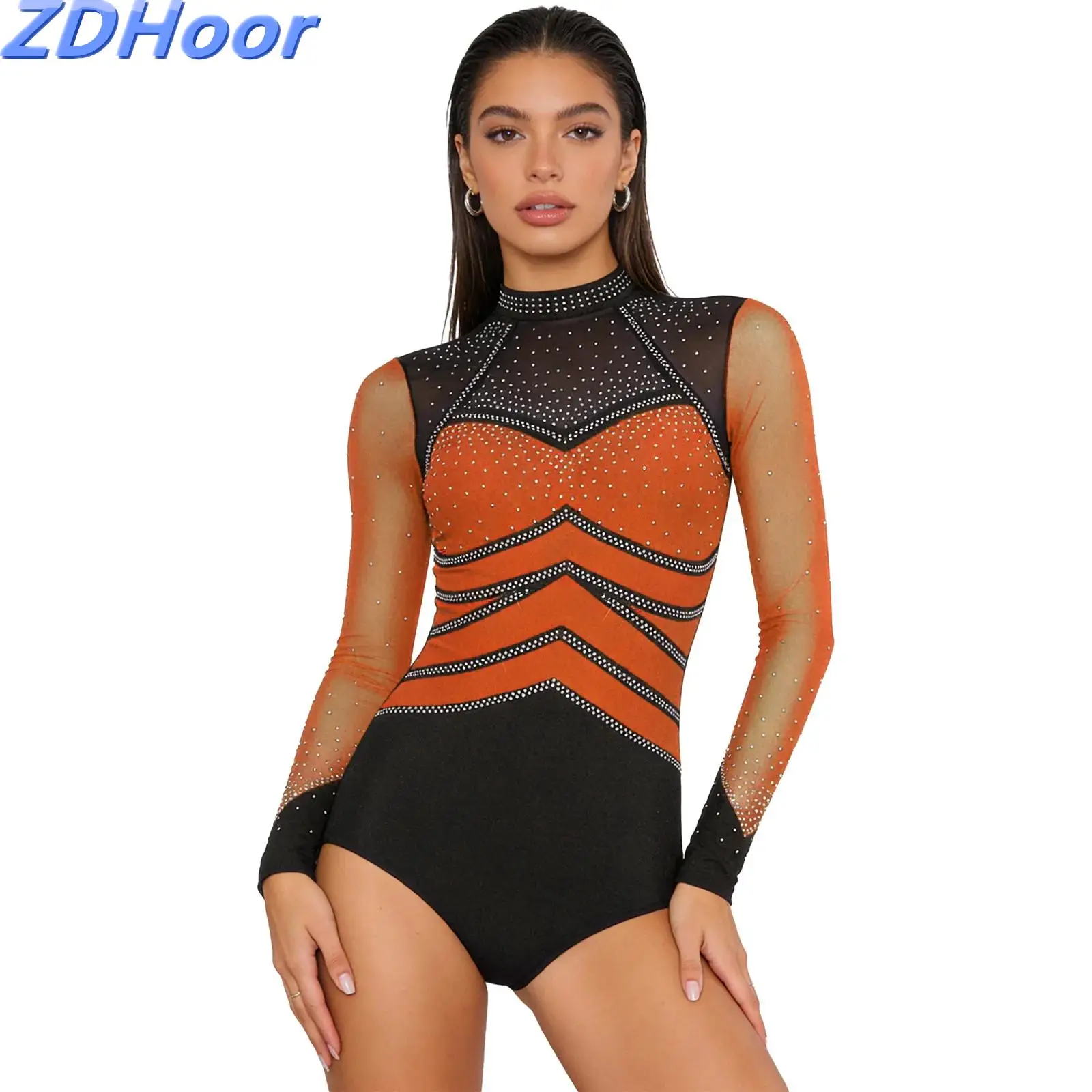 Womens Skating Dancing Bodysuit Gymnastics Rhinestone Mesh Long Sleeve Back Cutout Buttoned Crotch Color Blocking Rompers
Womens Skating Dancing Bodysuit Gymnastics Rhinestone Mesh Long Sleeve Back Cutout Buttoned Crotch Color Blocking Rompers