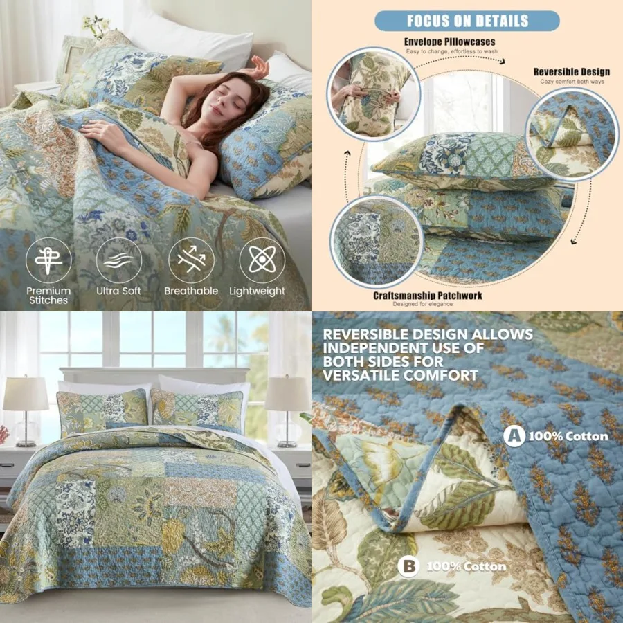Quilt Set Size, 100 Cotton Patchwork Green Bohemian Quilt Sets, Reversible Bedspread Lightweight and Breathable for All Seasons
Quilt Set Size, 100 Cotton Patchwork Green Bohemian Quilt Sets, Reversible Bedspread Lightweight and Breathable for All Seasons