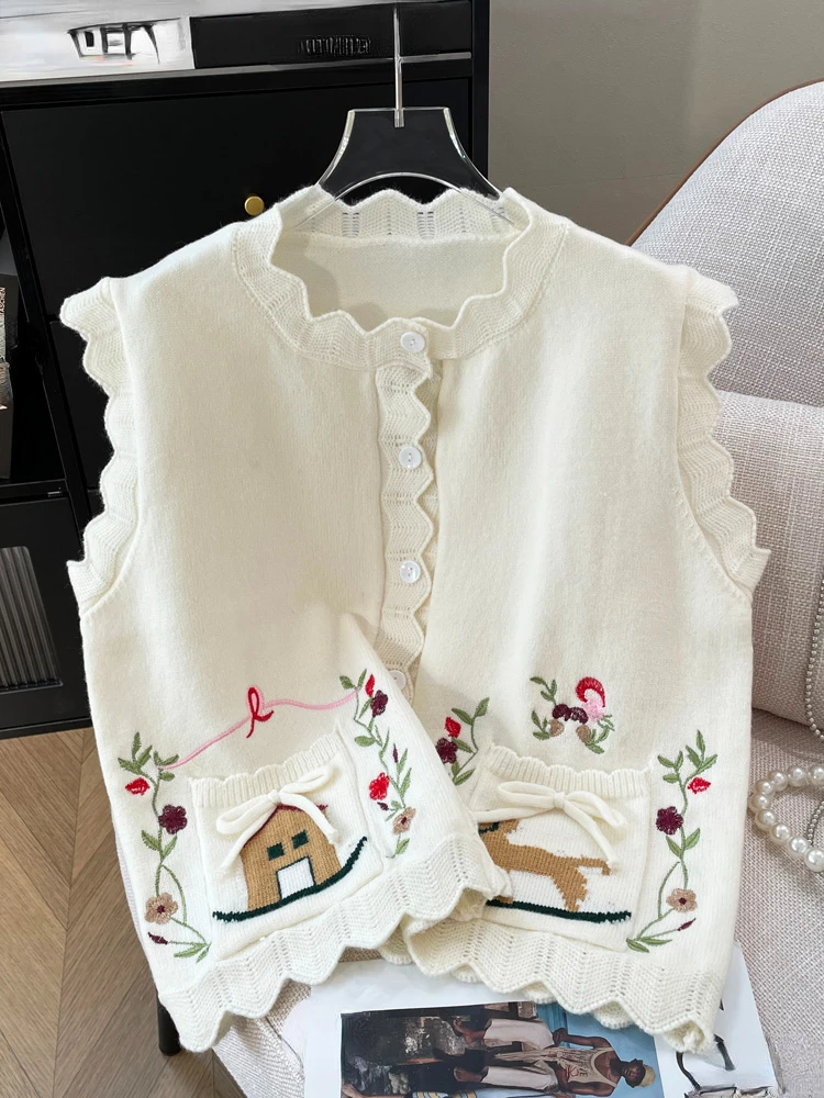 Fashion Sweet Sweater Vest O Neck Sleeveless Ruffles Pockets Embroidery Cardigan All Match Preppy Style Design Women's Clothing
Fashion Sweet Sweater Vest O Neck Sleeveless Ruffles Pockets Embroidery Cardigan All Match Preppy Style Design Women's Clothing
