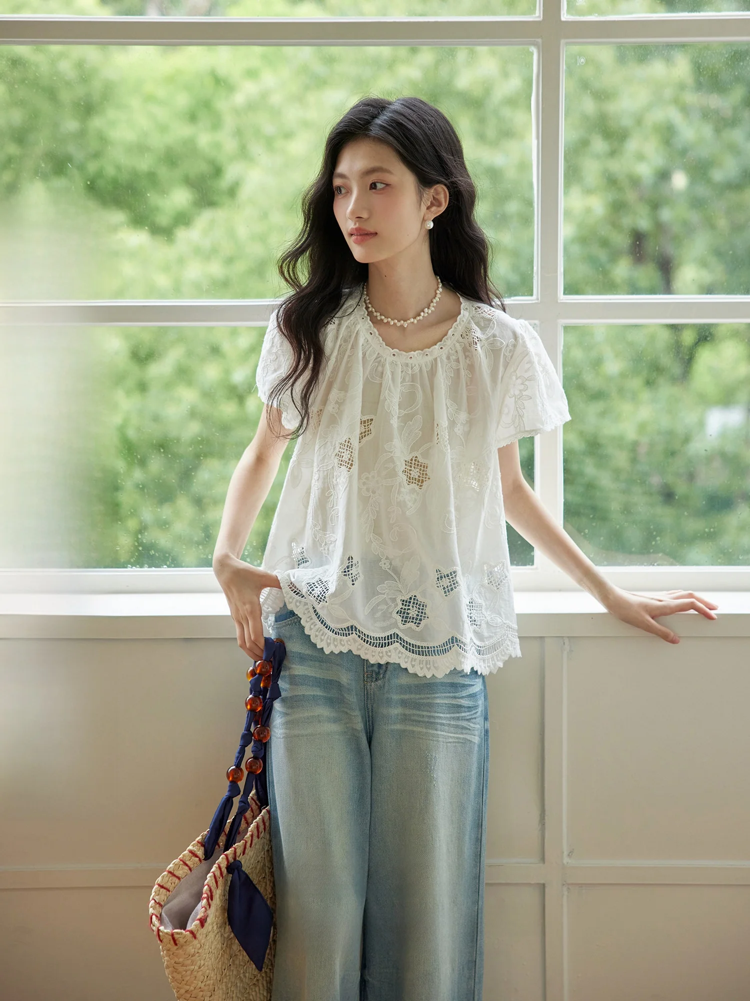 ORWhite Vintage Heavy Embroidery White ort Sve Women's irt Summer Drapey Commute Loose Fit Cotton round Ne
ORWhite Vintage Heavy Embroidery White ort Sve Women's irt Summer Drapey Commute Loose Fit Cotton round Ne