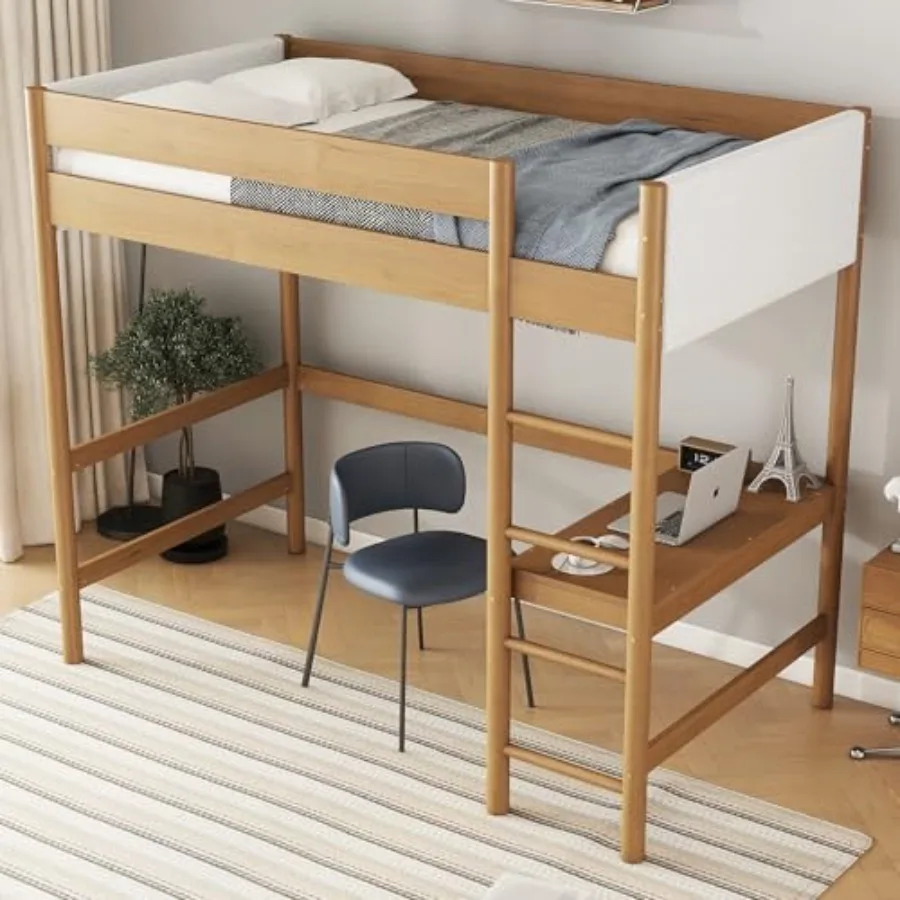 Twin Size Loft Bed with Desk, Rubber Wood Bunk Bed with Ladder and Guardrails, Boucle Upholstered Headboard/Footboard, Small Sp
Twin Size Loft Bed with Desk, Rubber Wood Bunk Bed with Ladder and Guardrails, Boucle Upholstered Headboard/Footboard, Small Sp