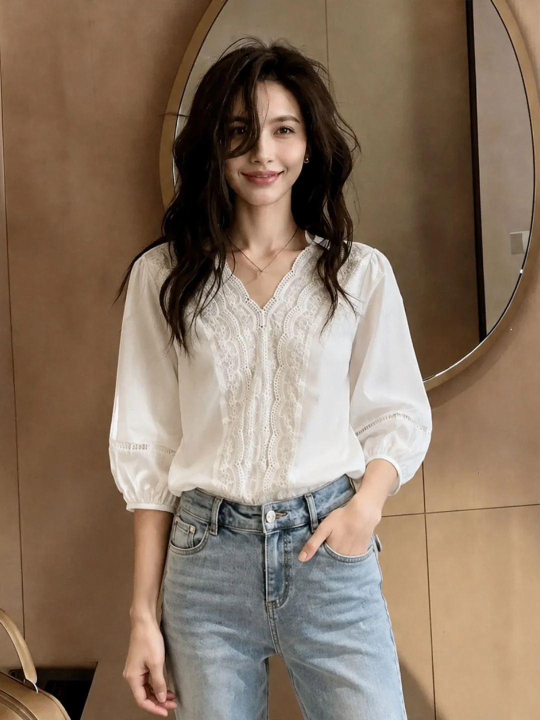 Fashionable Lace V-Neck Shirt Women's Commute Style Sun Protection Top Seven Sleeve Regular Length Pure Color Business Casual
Fashionable Lace V-Neck Shirt Women's Commute Style Sun Protection Top Seven Sleeve Regular Length Pure Color Business Casual