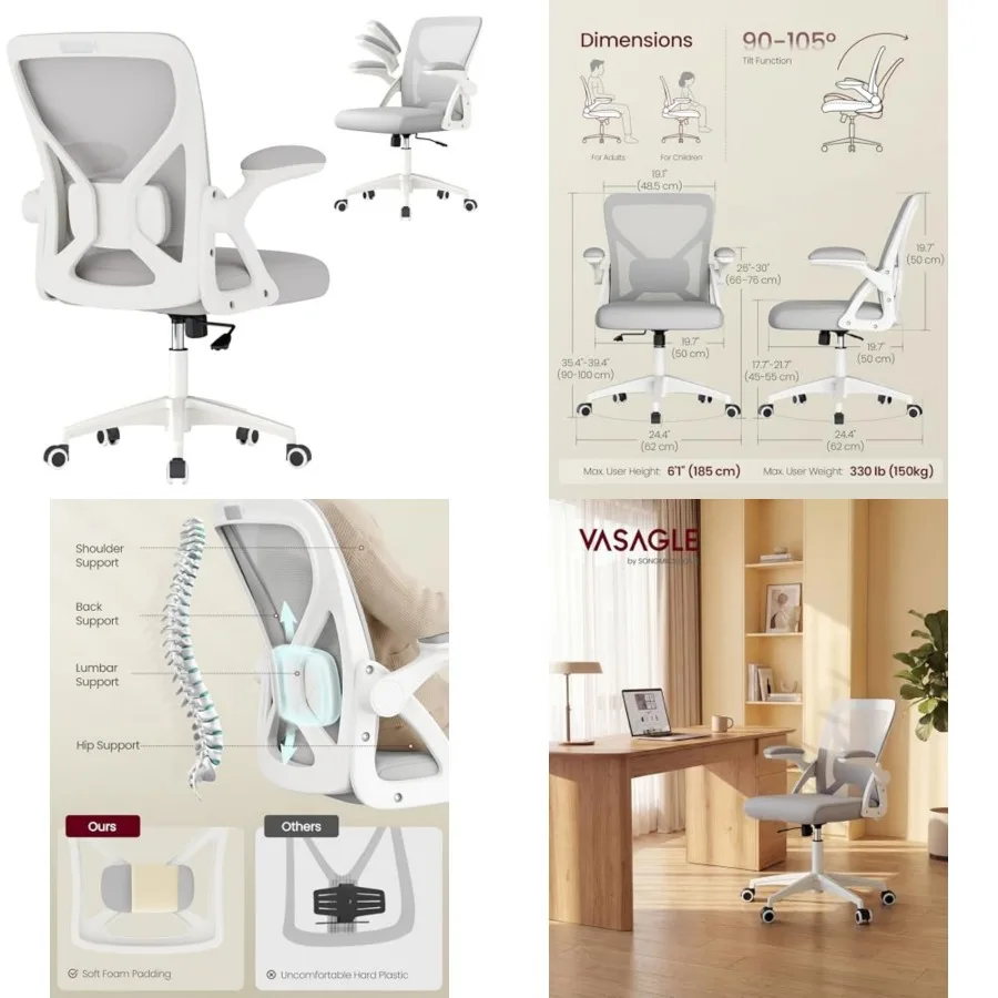 Ergonomic Mesh Office Chair with Adjustable Lumbar Support, 90-105° Tilt Function, Wide Seat, Flip‑Up Armrests, Computer Desk C
Ergonomic Mesh Office Chair with Adjustable Lumbar Support, 90-105° Tilt Function, Wide Seat, Flip‑Up Armrests, Computer Desk C