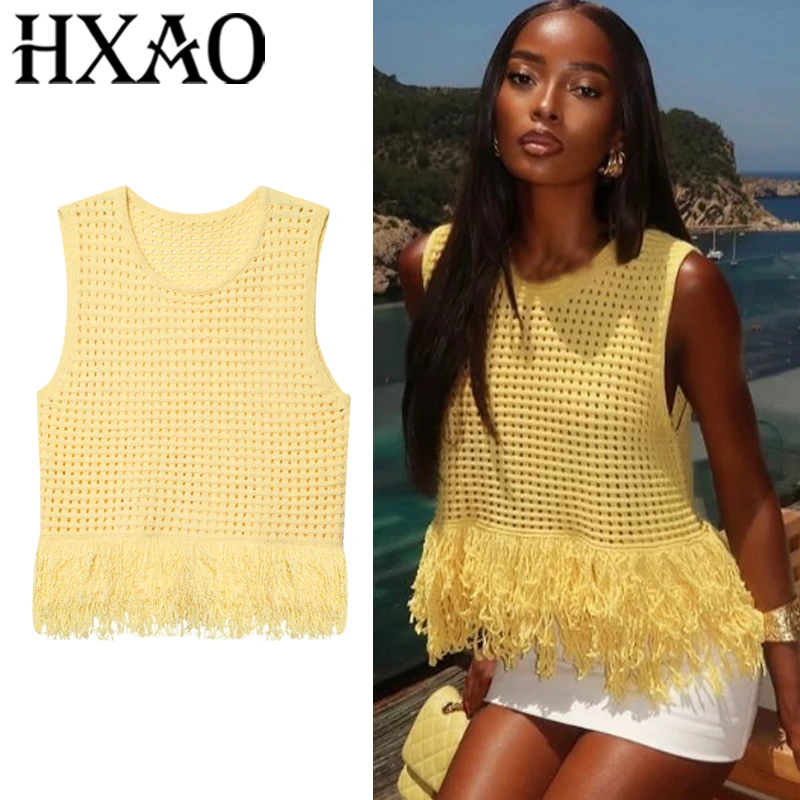 HXAO Women's Vest Tops Summer Knit Pullover Waistcoat Check Sleeveless Vest Woman Cropped Sweaters Knitting Tassel Yellow Top
HXAO Women's Vest Tops Summer Knit Pullover Waistcoat Check Sleeveless Vest Woman Cropped Sweaters Knitting Tassel Yellow Top