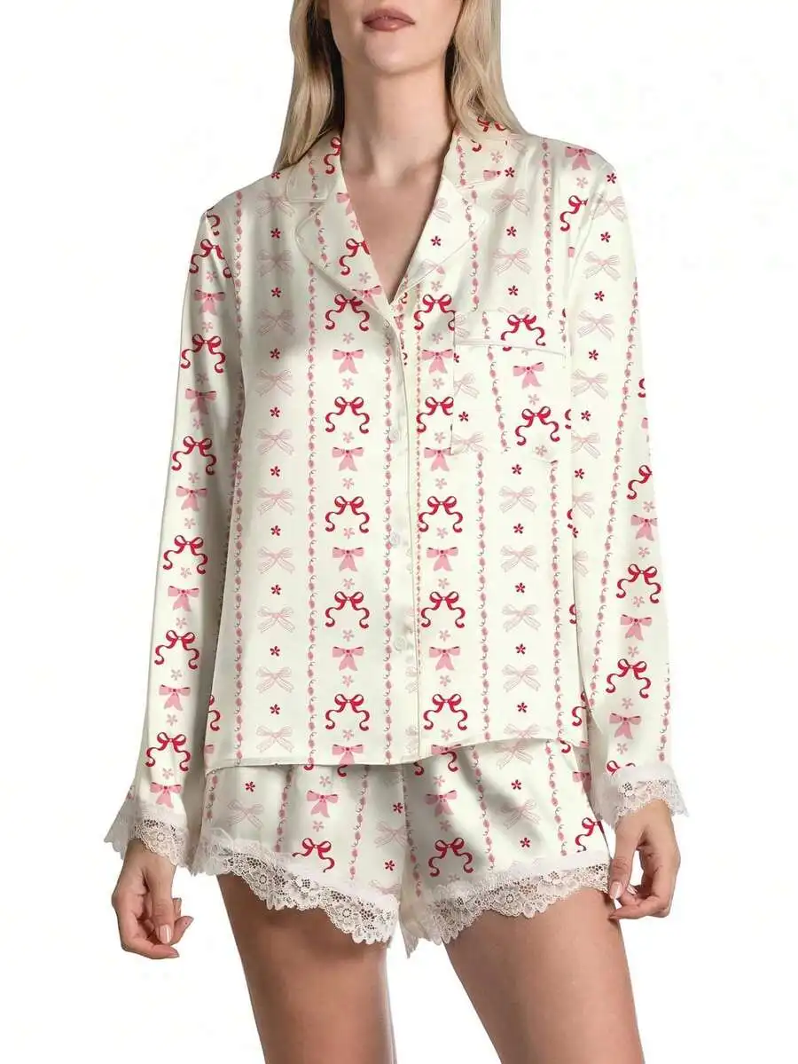 Women Satin Pajama Set Bow Print Long Sleeve Lapel Button Down Top With Lace Trim Shorts Sleepwear
Women Satin Pajama Set Bow Print Long Sleeve Lapel Button Down Top With Lace Trim Shorts Sleepwear