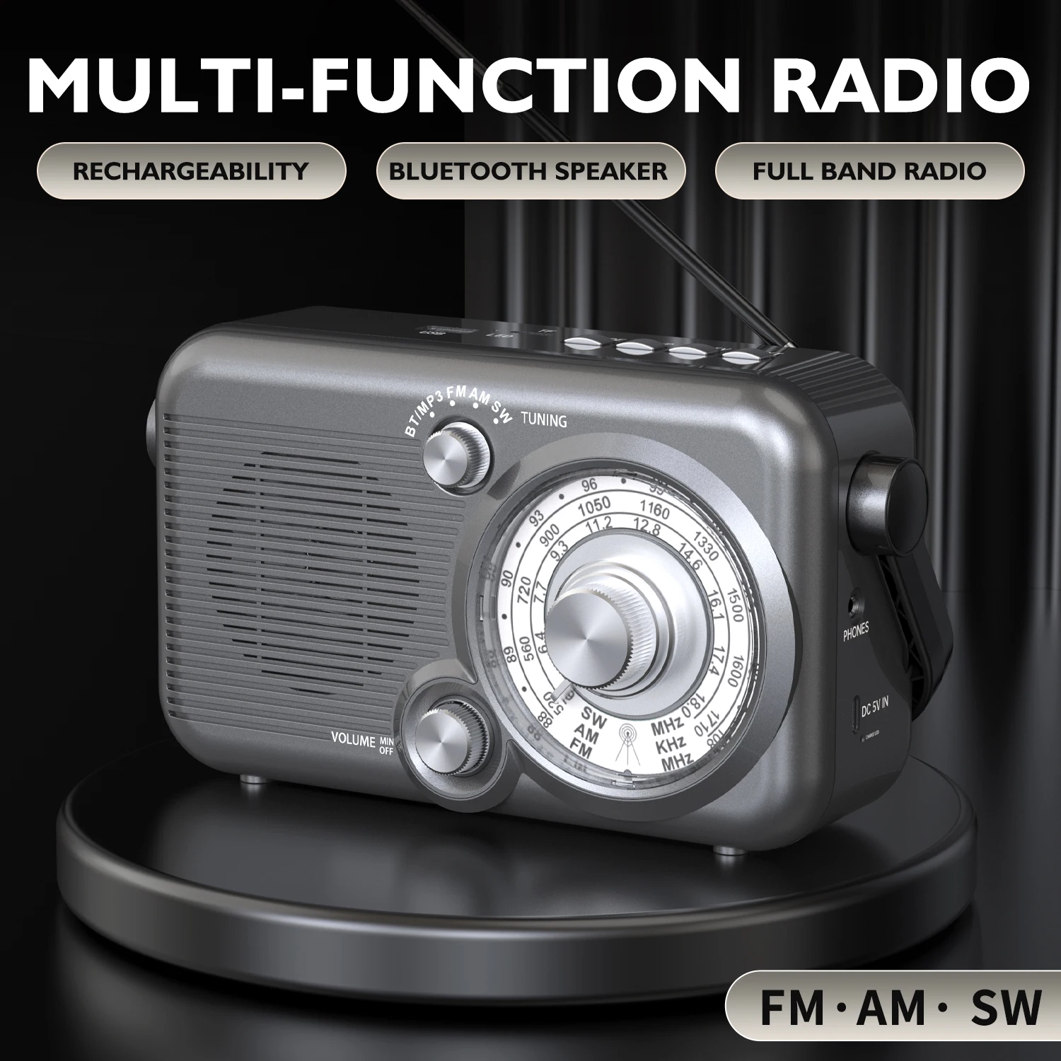 Portable multi-function radio AM/FM/SW multi-band, USB charging, TF card playback, with antenna, convenient to carry, easy to us
Portable multi-function radio AM/FM/SW multi-band, USB charging, TF card playback, with antenna, convenient to carry, easy to us
