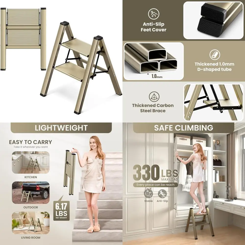 Алюминиевая складная стремянка — противоскользящая, широкие ступеньки, портативная, грузоподъемность 330 фунтов, золото цвета шампанского для домашнего и кухни.
Алюминиевая складная стремянка — противоскользящая, широкие ступеньки, портативная, грузоподъемность 330 фунтов, золото цвета шампанского для домашнего и кухни.
