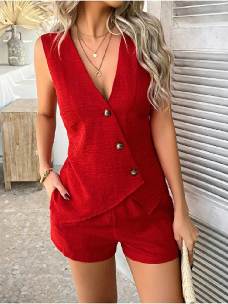 2 Pieces Set For Woman Sleeveless Solid Color Vest Cardigan Button Up Women Top Daily Casual Elegant Commuting Style Summer Set
2 Pieces Set For Woman Sleeveless Solid Color Vest Cardigan Button Up Women Top Daily Casual Elegant Commuting Style Summer Set