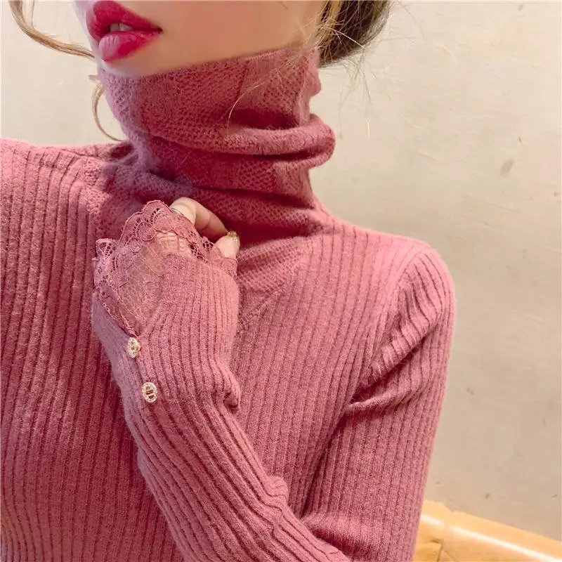Elegant Pile Collar Solid Color Spliced Lace T-Shirt Women's Clothing Autumn Winter Slim Korean Tops Office Lady Tee Shirt
Elegant Pile Collar Solid Color Spliced Lace T-Shirt Women's Clothing Autumn Winter Slim Korean Tops Office Lady Tee Shirt