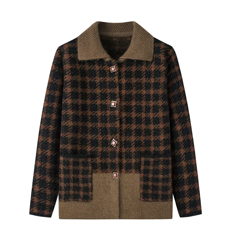 Клетчатый кардиган контрастного цвета с лацканами и длинными рукавами на пуговицах, флокированная повседневная куртка, топ 
Клетчатый кардиган контрастного цвета с лацканами и длинными рукавами на пуговицах, флокированная повседневная куртка, топ