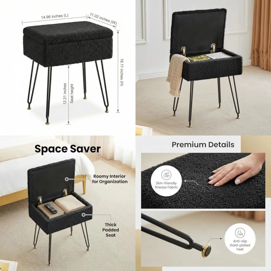 Vanity Stool Chair, Faux Teddy Fur Ottoman Feet Stool with Metal Legs and Adjustable Feet, Flip Top Storage Makeup Stool with S
Vanity Stool Chair, Faux Teddy Fur Ottoman Feet Stool with Metal Legs and Adjustable Feet, Flip Top Storage Makeup Stool with S