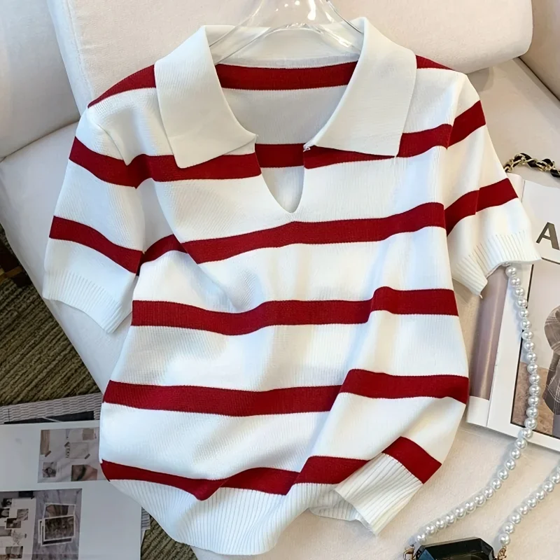 2025 Summer New Striped Pattern Collared Sweater Versatile Short Sleeve Knitted Top Women Clothing Crop Tops
2025 Summer New Striped Pattern Collared Sweater Versatile Short Sleeve Knitted Top Women Clothing Crop Tops