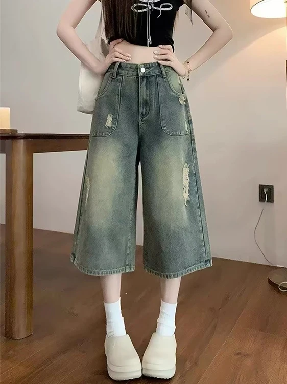 Retro Style Women's Seven-Foot Hole Denim Jeans Summer Thin Wide Leg Loose Fit Straight Cut Trousers Soft Denim Non-Stretch
Retro Style Women's Seven-Foot Hole Denim Jeans Summer Thin Wide Leg Loose Fit Straight Cut Trousers Soft Denim Non-Stretch
