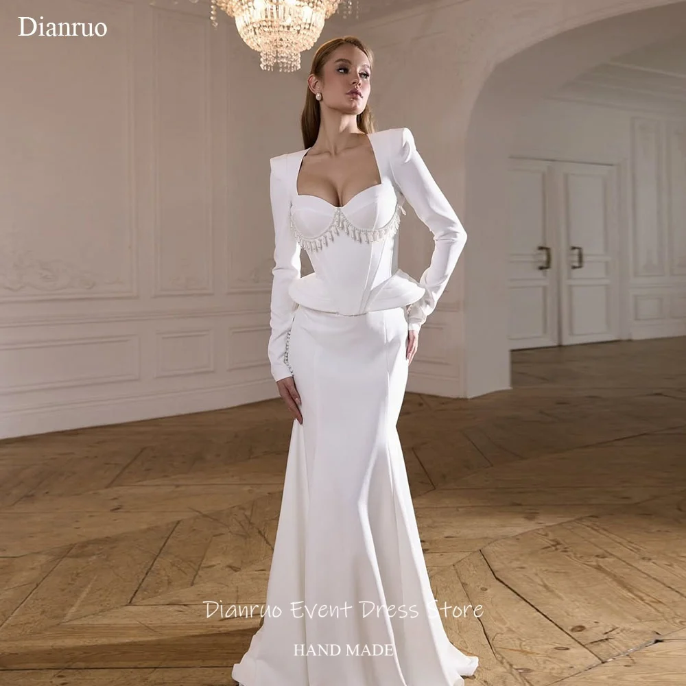 Dianruo White Pearls Fringe Wedding Dress Square Neckline Mermaid Vestido De Noiva Bridal Long Sleeves Evening Dress Customized
Dianruo White Pearls Fringe Wedding Dress Square Neckline Mermaid Vestido De Noiva Bridal Long Sleeves Evening Dress Customized