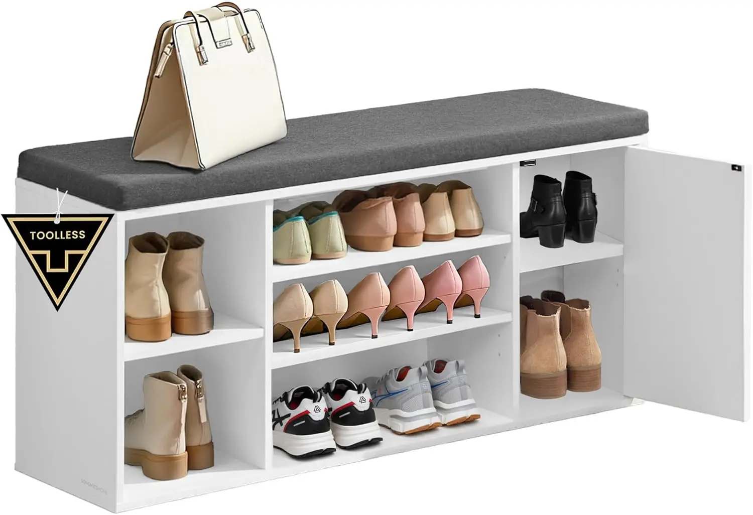 41" Wide Entryway Storage Bench with Cushion, Adjustable Shelves, No Tools Assembly, Snow White/Slate Gray
41" Wide Entryway Storage Bench with Cushion, Adjustable Shelves, No Tools Assembly, Snow White/Slate Gray