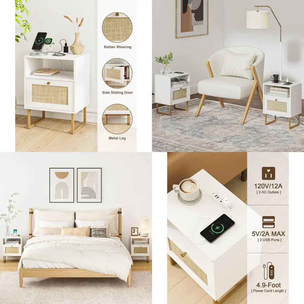 Тумбочка из ротанга с зарядной станцией, современная деревянная прикроватная тумбочка в стиле бохо с ящиком для хранения и открытой полкой, маленькое золото F
Тумбочка из ротанга с зарядной станцией, современная деревянная прикроватная тумбочка в стиле бохо с ящиком для хранения и открытой полкой, маленькое золото F