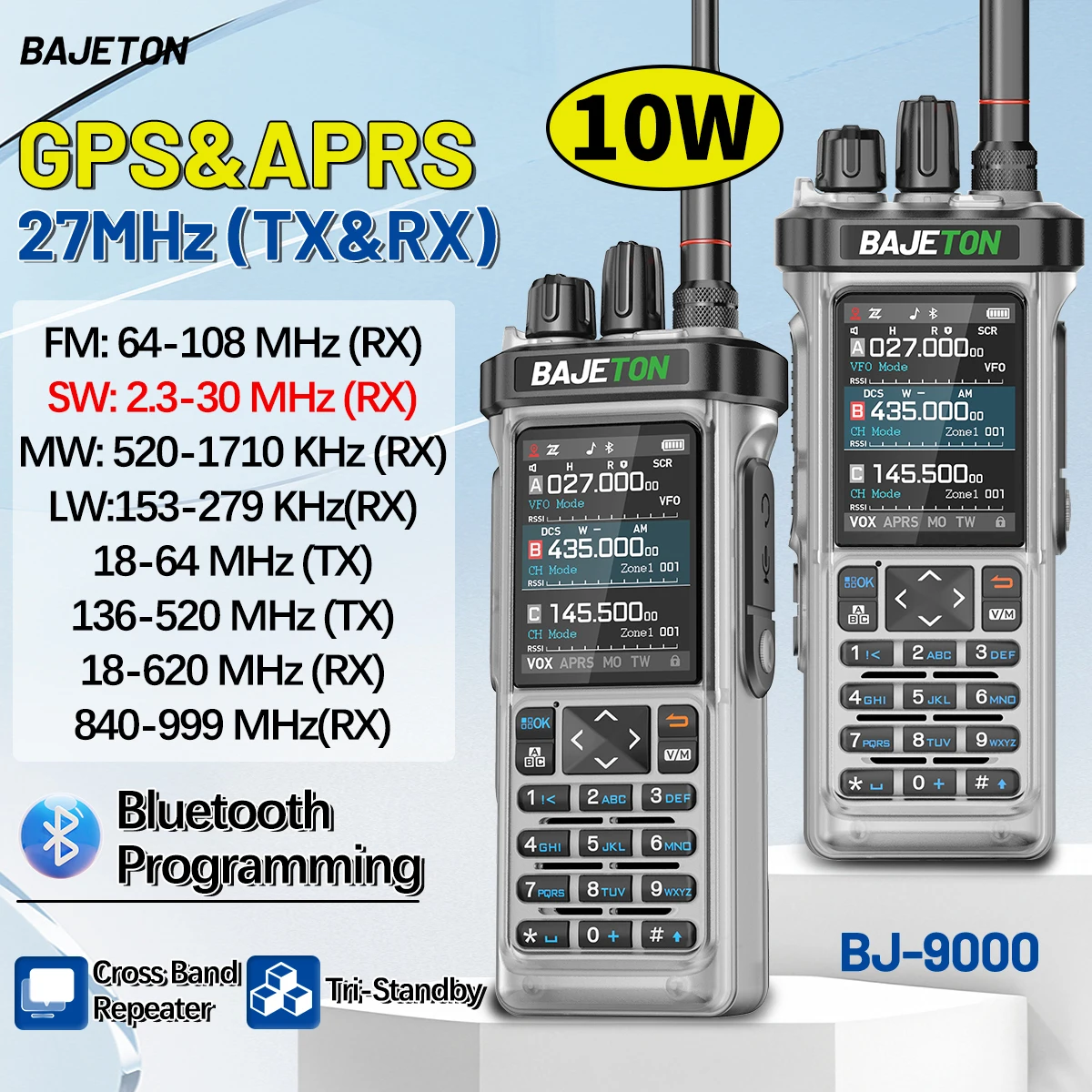 BAJETON BJ-9000 GPS APRS Walkie Talkie 10W CB/SSB/HF 27MHZ Long Range NOAA ShortWave For RT-950PRO RT-950 Ham Two Way Radio
BAJETON BJ-9000 GPS APRS Walkie Talkie 10W CB/SSB/HF 27MHZ Long Range NOAA ShortWave For RT-950PRO RT-950 Ham Two Way Radio