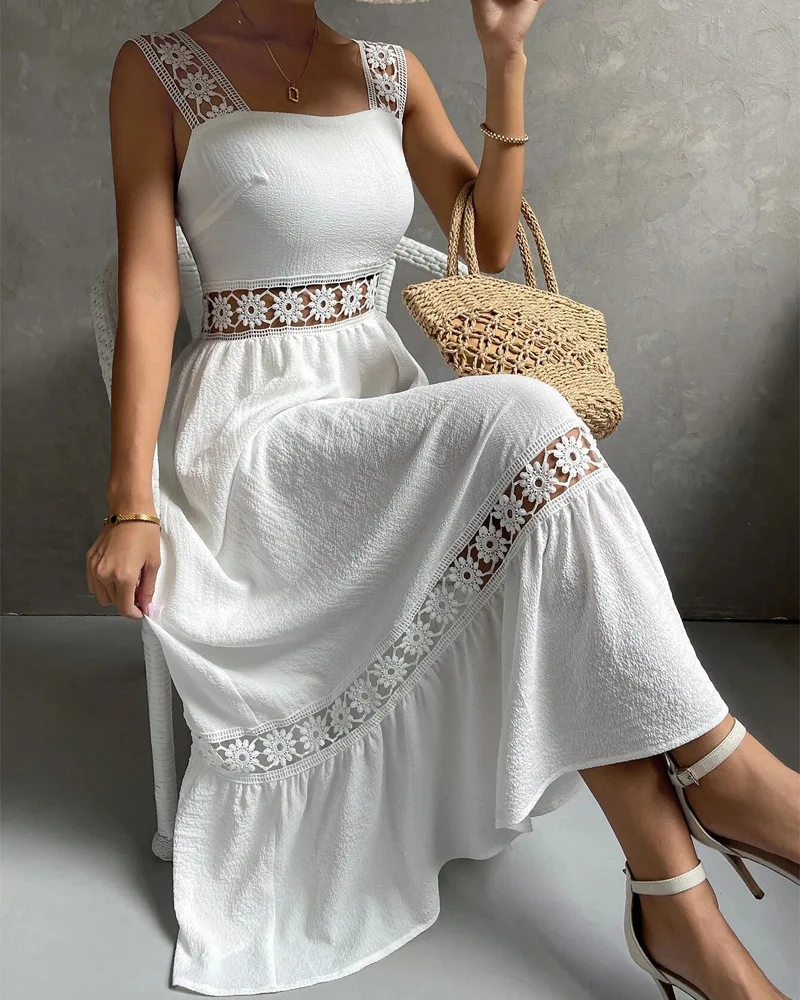 Lace Patch Sleeveless Maxi Dress Women Hollow Out Solid Color Summer Spring Long Loose Dress
Lace Patch Sleeveless Maxi Dress Women Hollow Out Solid Color Summer Spring Long Loose Dress