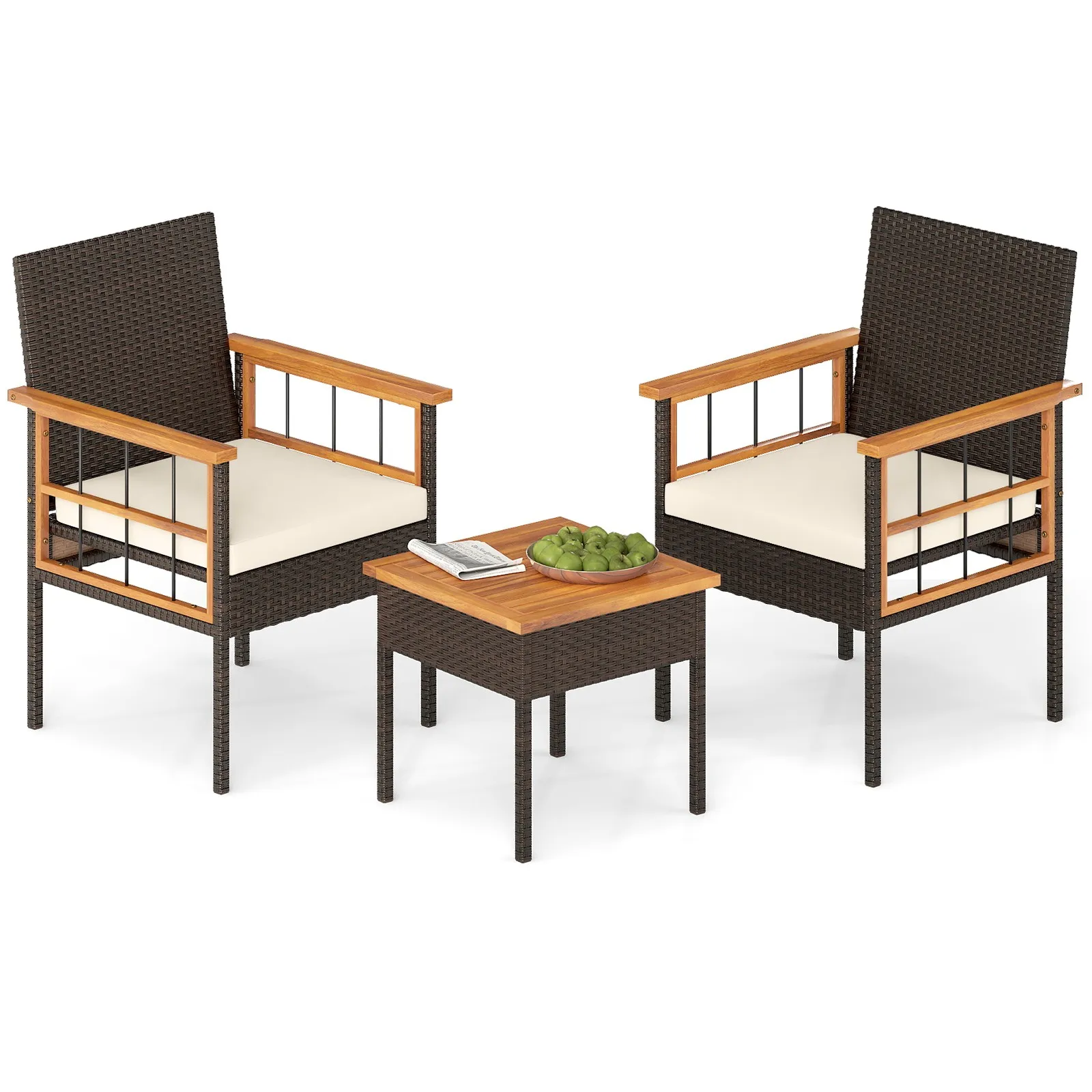 Set of 3 Wicker Furniture Set w/Acacia Wood Tabletop Armrests Cushions for
Set of 3 Wicker Furniture Set w/Acacia Wood Tabletop Armrests Cushions for
