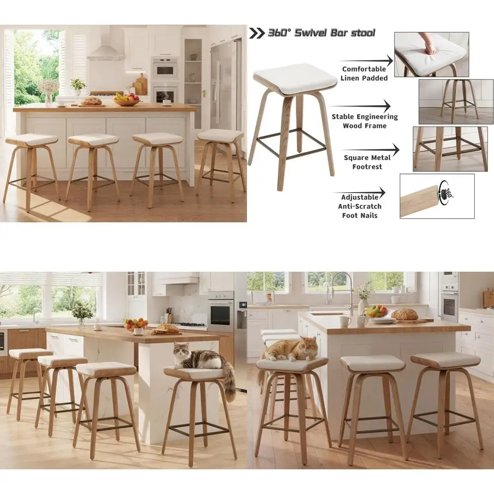 Set of 4 Rustic Swivel Bar Stools with Beige Linen Cushions for Counter Height, Suitable for Kitchen Island
Set of 4 Rustic Swivel Bar Stools with Beige Linen Cushions for Counter Height, Suitable for Kitchen Island