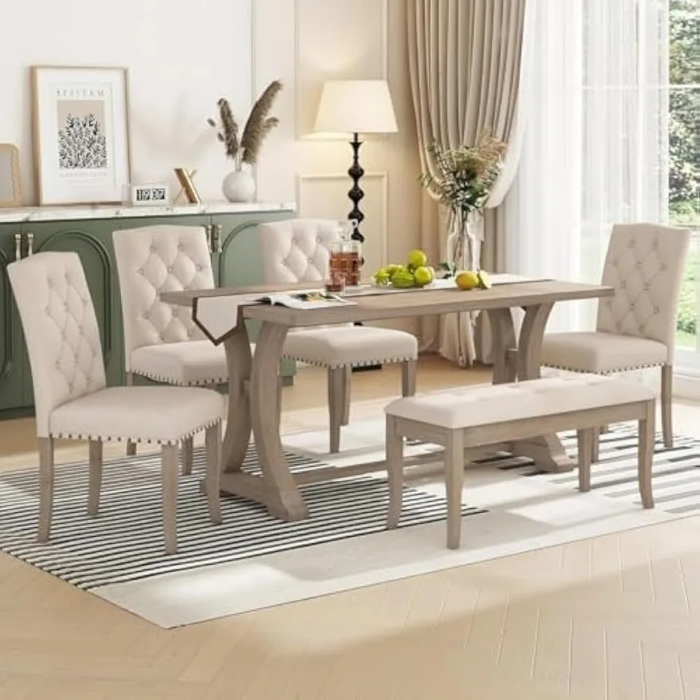 Farmhouse Dining Table Set for 6, Kitchen Table Set with Chairs and Bench, 6 Piece Solid Wood Dining Room Set with Trestle Table
Farmhouse Dining Table Set for 6, Kitchen Table Set with Chairs and Bench, 6 Piece Solid Wood Dining Room Set with Trestle Table
