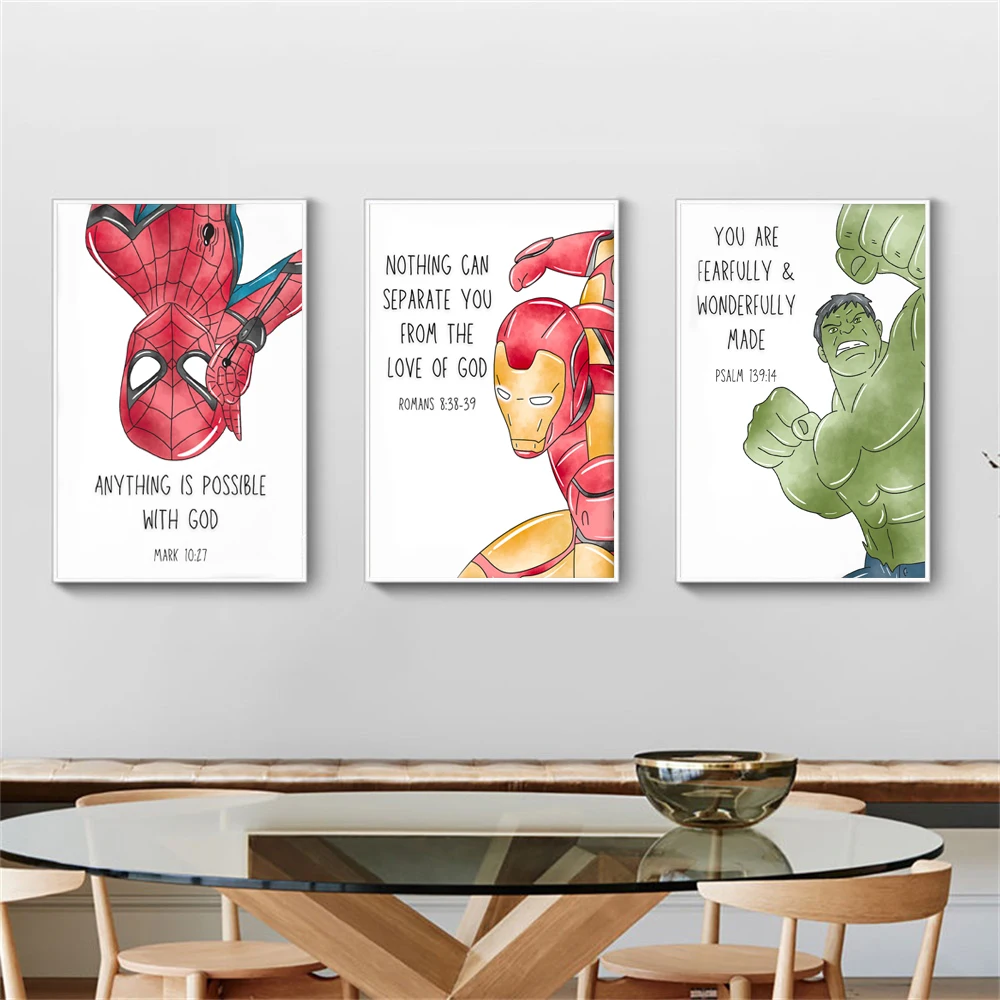 MINISO Watercolor Superheroes with Bible Verses Wall Art Canvas Poster Watercolor Wall Art For Boy Bedroom Playroom Decor
MINISO Watercolor Superheroes with Bible Verses Wall Art Canvas Poster Watercolor Wall Art For Boy Bedroom Playroom Decor